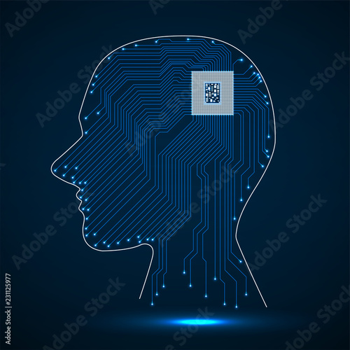 Abstract neon human head with cpu, circuit board