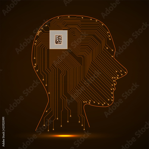 Abstract neon human head with cpu, circuit board