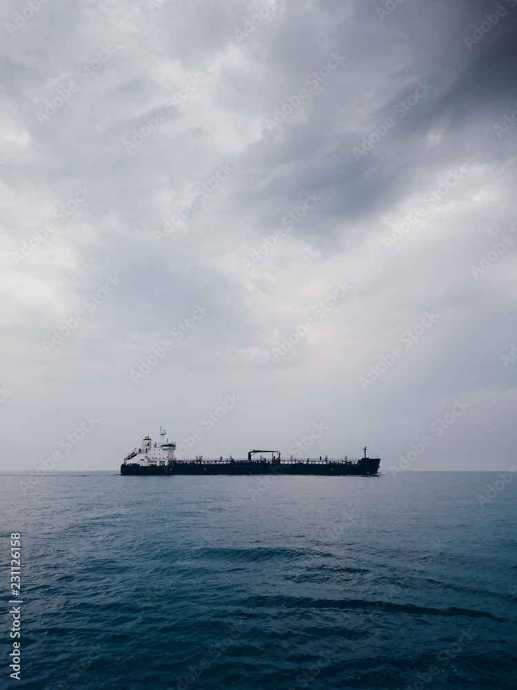 Side view of a cargo ship during a cloudy day.