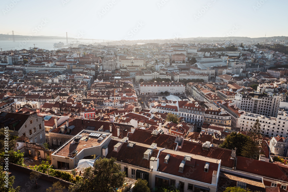 Sunset view of Lisbon city with bridge, Portugal