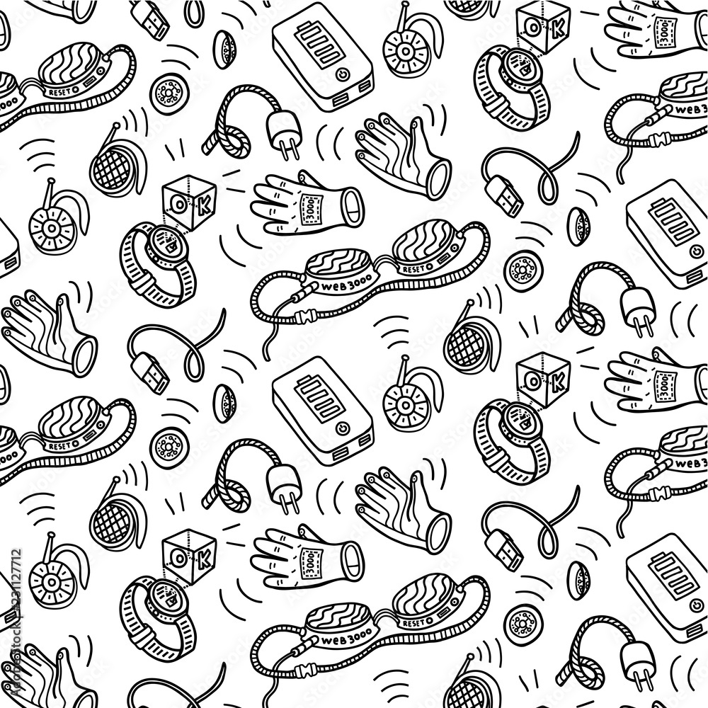 Seamless pattern with gadgets, black and white