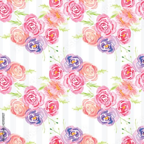 Fototapeta Naklejka Na Ścianę i Meble -  Hand-painted watercolor floral rose Pattern. Illustration of decorative floral design for wedding invitations and greeting cards.