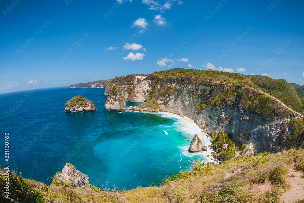 Amazing aerial view of a Atuh beach with cliff in Nusa Penida, Indonesia. 