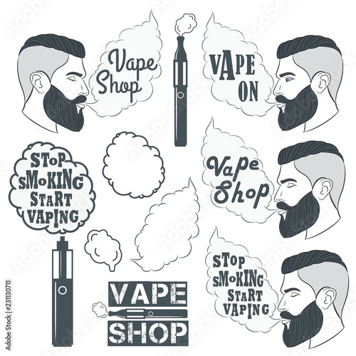 Set of vape, e-cigarette logo, emblems and badges isolated on white background. Vector illustration