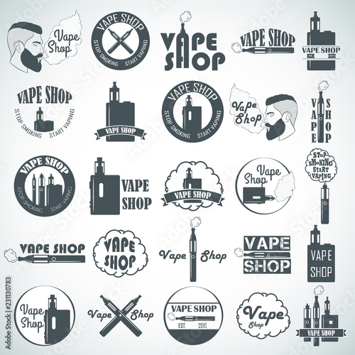 Set of vape, e-cigarette logo, emblems and badges isolated on white background. Vector illustration