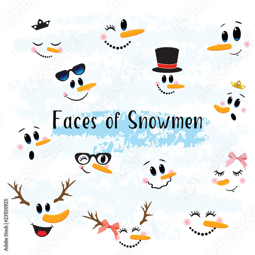 Vector Collection of Hand drawn Cute Snowman Faces