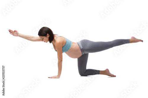 Slim athletic pregnant girl performs gymnastic exercises isolated on white background.