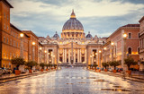 St. Peter's Basilica in the evening from Via della Conciliazione in Rome. Vatican City Rome Italy. Rome architecture and landmark. St. Peter's cathedral in Rome. Italian Renaissance church.