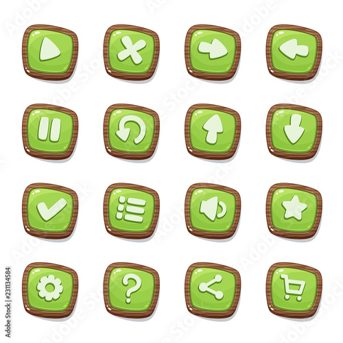 Set of 16 green jelly icons in wooden frames isolated on white background for game user interface. Mobile app vector elements template in cartoon style.