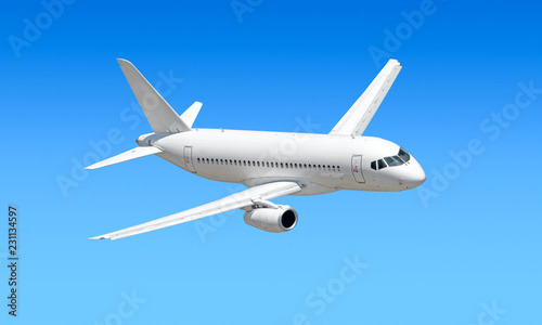 modern passenger business jet airplane flying against blue sky aerial panoramic air travel transportation landscape background aircraft traffic isolated silhouette side design reference top view