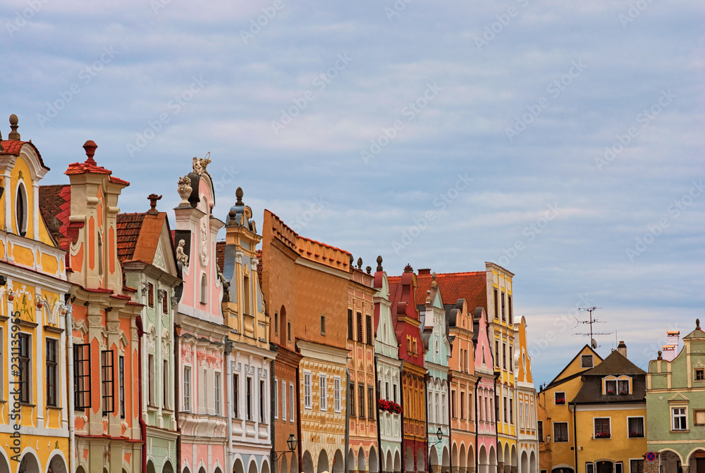 Scenic view of row of colorful houses in the main square of the city Telc. It is the main tourist attraction of the city. A UNESCO World Heritage Site. Telc, Southern Moravia, Czech Republic