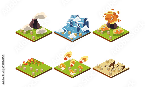 Natural disaster set, volcanic eruption, avalanche, forest fire, meteorite fall, drought vector Illustration on a white background
