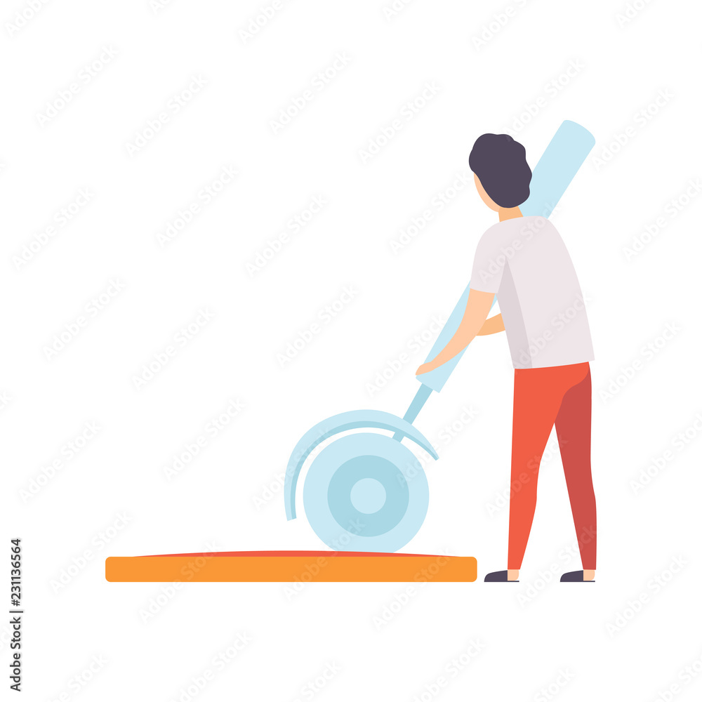 Young man cutting pizza with a huge knife, faceless man in casual clothes holding kitchen tool vector Illustration on a white background Young man cutting pizza with a huge knife, faceless man in casual clothes holding kitchen tool vector Illustration on a white background