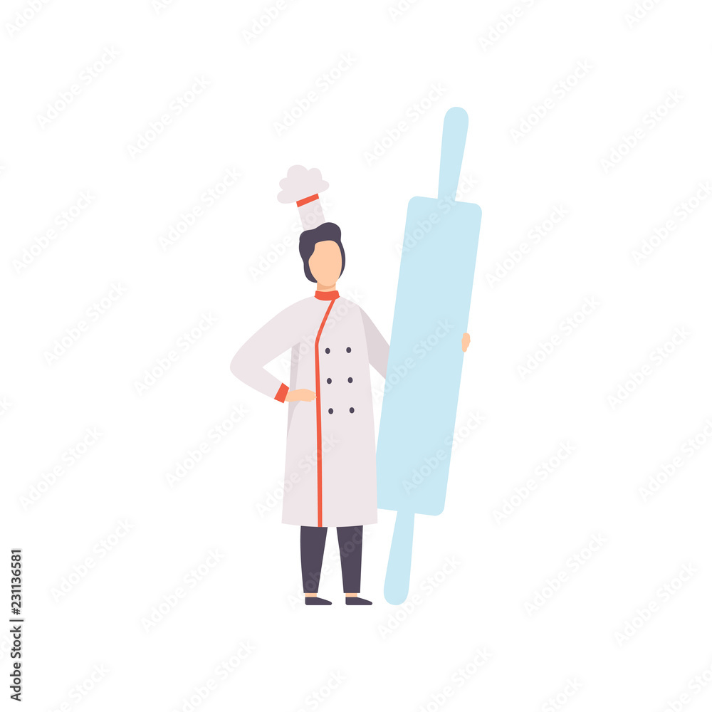 Chef cook standing with rolling pin, baker in uniform holding kitchen tool vector Illustration on a white background Chef cook standing with rolling pin, baker in uniform holding kitchen tool vector Illustration on a white background