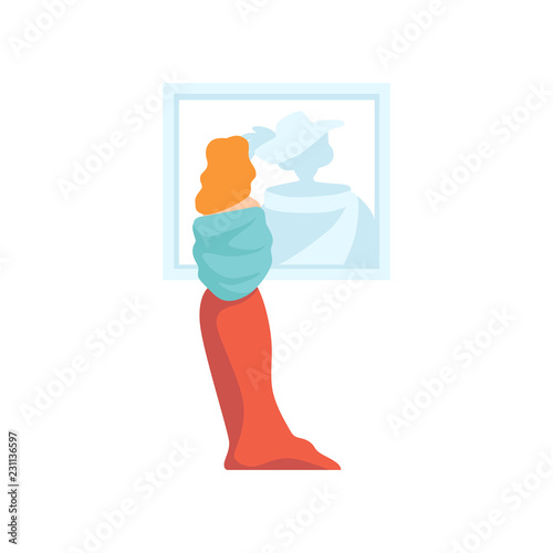 Woman in red dress looking at the painting hanging on the wall, exhibition visitor viewing museum exhibit at art gallery, back view vector Illustration on a white background