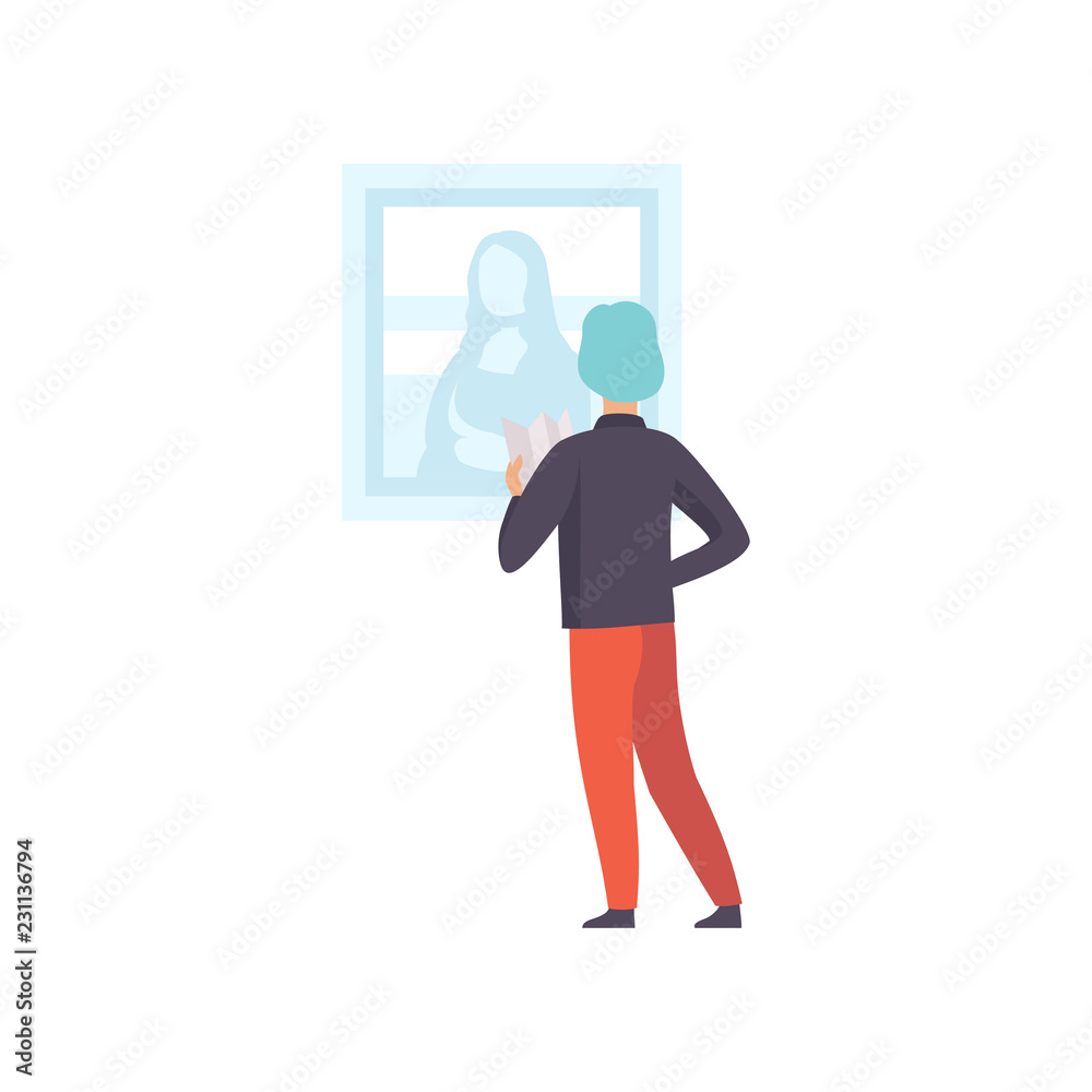 Man looking at Mona Lisa painting hanging on the wall, male exhibition visitor viewing museum exhibit at art gallery, back view vector Illustration