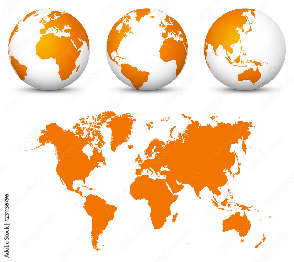 Orange 3D World - Flat Vector Globe Icon Set with Undistorted 2D World Map in Orange Color.