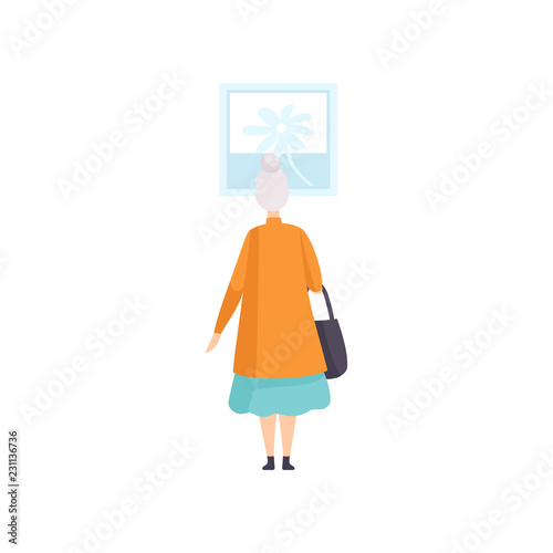 Elderly woman looking at the painting hanging on the wall, exhibition visitor viewing museum exhibit at art gallery, back view vector Illustration