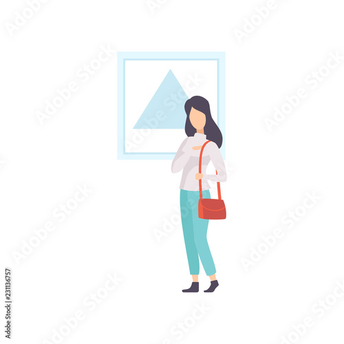 Female exhibition visitor viewing modern abstract painting at art gallery vector Illustration on a white background