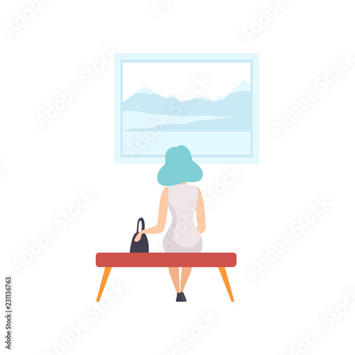 Young woman sitting on the bench and looking at the painting hanging on the wall, exhibition visitor viewing museum exhibit at art gallery, back view vector Illustration