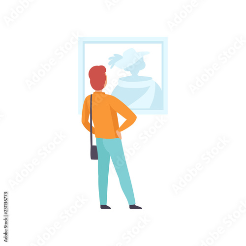 Man looking at the picture hanging on the wall, male exhibition visitor viewing museum exhibit at art gallery, back view vector Illustration on a white background