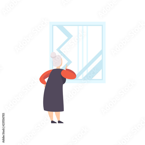 Elderly woman looking at the picture hanging on the wall, exhibition visitor viewing museum exhibit at art gallery, back view vector Illustration on a white background