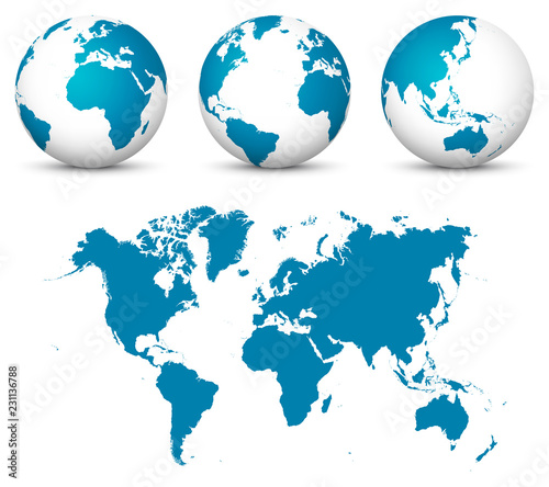 Obraz na płótnie Blue 3D Earth / Globe Set. World Vector Collection with Flat Undistorted 2D Earth Map in Blue Color. w salonie