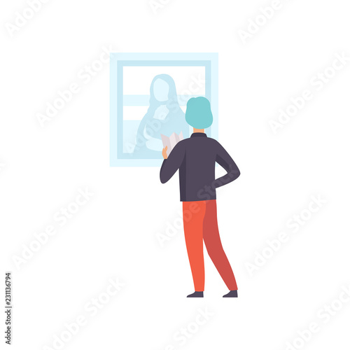 Man looking at Mona Lisa painting hanging on the wall, male exhibition visitor viewing museum exhibit at art gallery, back view vector Illustration