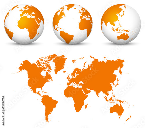 Orange 3D World - Flat Vector Globe Icon Set with Undistorted 2D World Map in Orange Color.