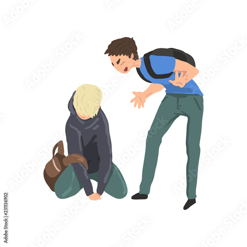 Sad teen boy sitting on floor another boy mocking him, conflict between children, mockery and bullying  at school vector Illustration on a white background
