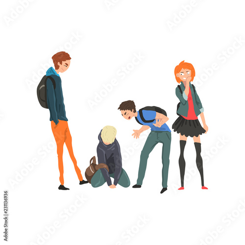 Teen boy sitting on floor, classmates mocking him, conflict between children, mockery and bullying at school vector Illustration on a white background