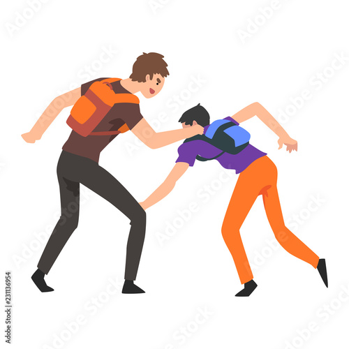 Two teenager boys fighting, conflict between teenagers, mockery and bullying at school vector Illustration on a white background