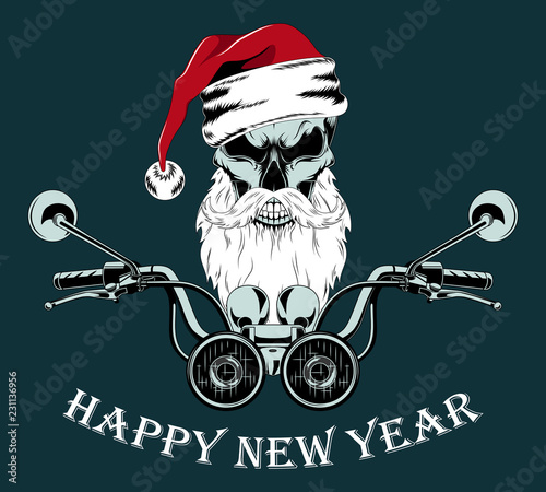 Skull in the hat of Santa Claus with a beard, mustache and steering a motorcycle.
