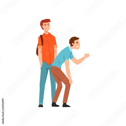 Two young men scoffing at someone, conflict between children, mockery and bullying at school vector Illustration on a white background