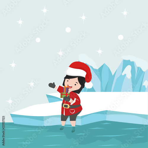 Small Girl with Santa Claus costume in North pole Arctic