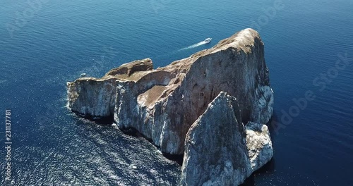Drone flight over famous Kicker Rock, Galapagos Islands, Ecuador