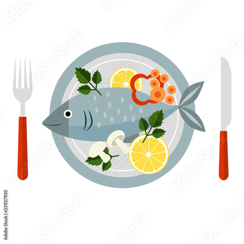 Cooked Fish and Raw Vegetables on a Plate