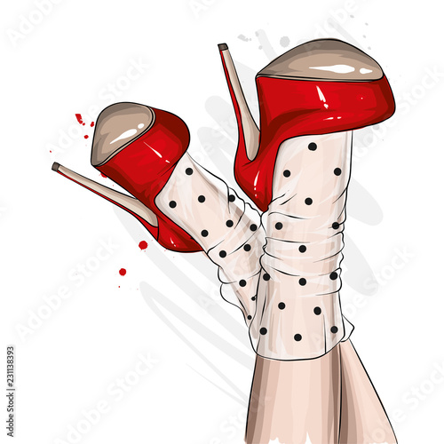 Female legs in stylish shoes with heels and lace socks. Fashion and style, clothing and accessories. Footwear. Vector illustration for a postcard or a poster, print for clothes. Vintage and retro.
