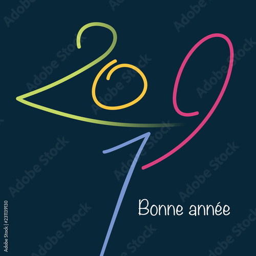 Carte de vœux pour le nouvel an 2019 avec des chiffres de couleurs différentes, dessinés à la main, sur un fond noir