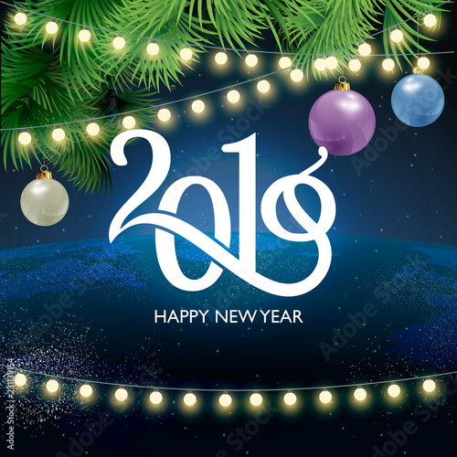 happy New year, abstract vector illustration of Christmas card with calligraphic inscription 2019 and congratulations with happy New year background of fireworks