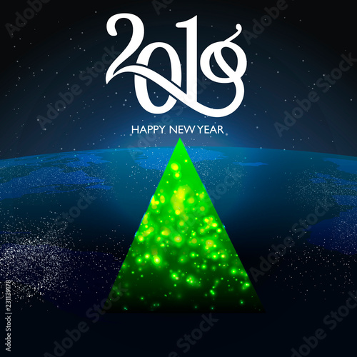 happy New year, abstract vector illustration of Christmas card with calligraphic inscription 2019 and congratulations with happy New year background of fireworks