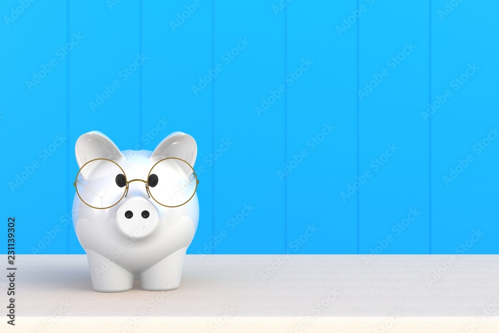 Close up of piggy bank isolated on blue background, Copy space, Finance concept, 3d rendering