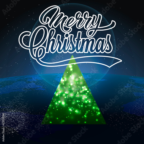 merry Christmas, vector illustration greeting card with happy Christmas and happy new year in vintage style with calligraphic text merry Christmas and Christmas tree