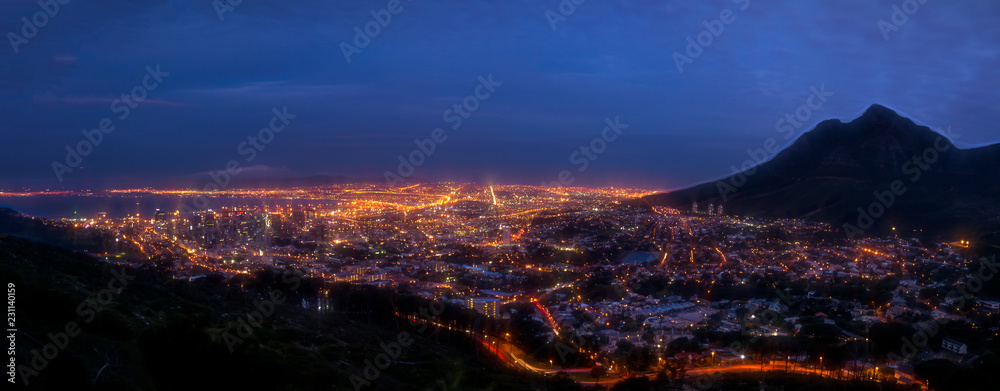 Naklejka premium Cape Town City At Sunset And Blue Hour