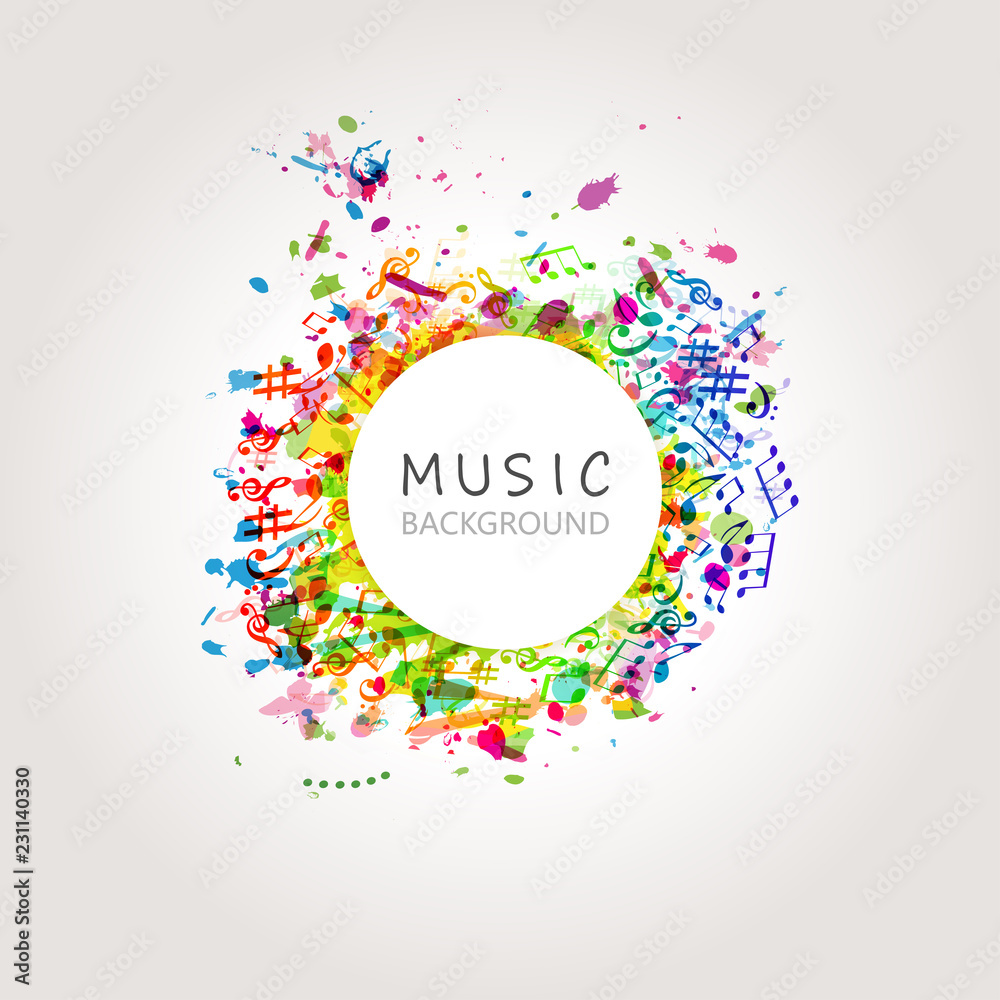 Naklejka premium Colorful music background with music notes vector illustration design. Artistic music festival poster, live concert, party flyer, music notes signs and symbols web banner