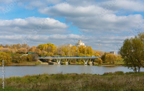 Mellow autumn landscape. Borisovsky pond and bridge. Moscow. Russia. Cloudy day photo