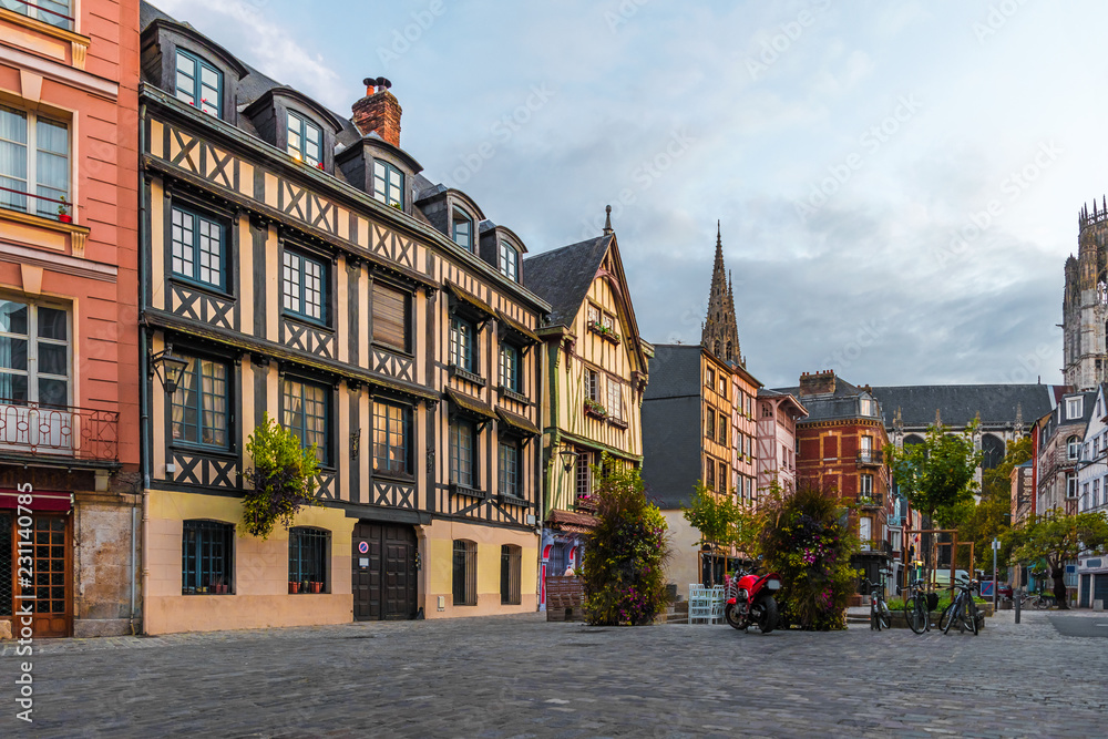 Fototapeta Place du Lieutenant-Aubert with famous old buildings in Rouen, Normandy, France
