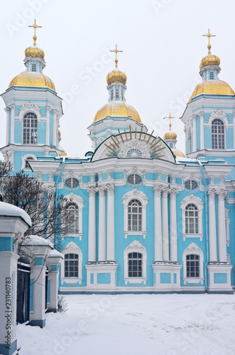 Saint Petersburg in winter. Baroque Orthodox St. Nicholas Epiphany Naval Cathedral in snowfall (Nikolskiy Morskoy Sobor) photo