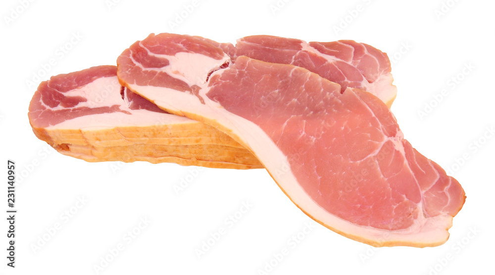 Raw smoked back bacon rashers isolated on a white background
