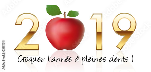 Carte de vœux pour le nouvel an 2019 montrant une pomme rouge, symbole de désir et de motivation pour croquer la vie à pleine dents